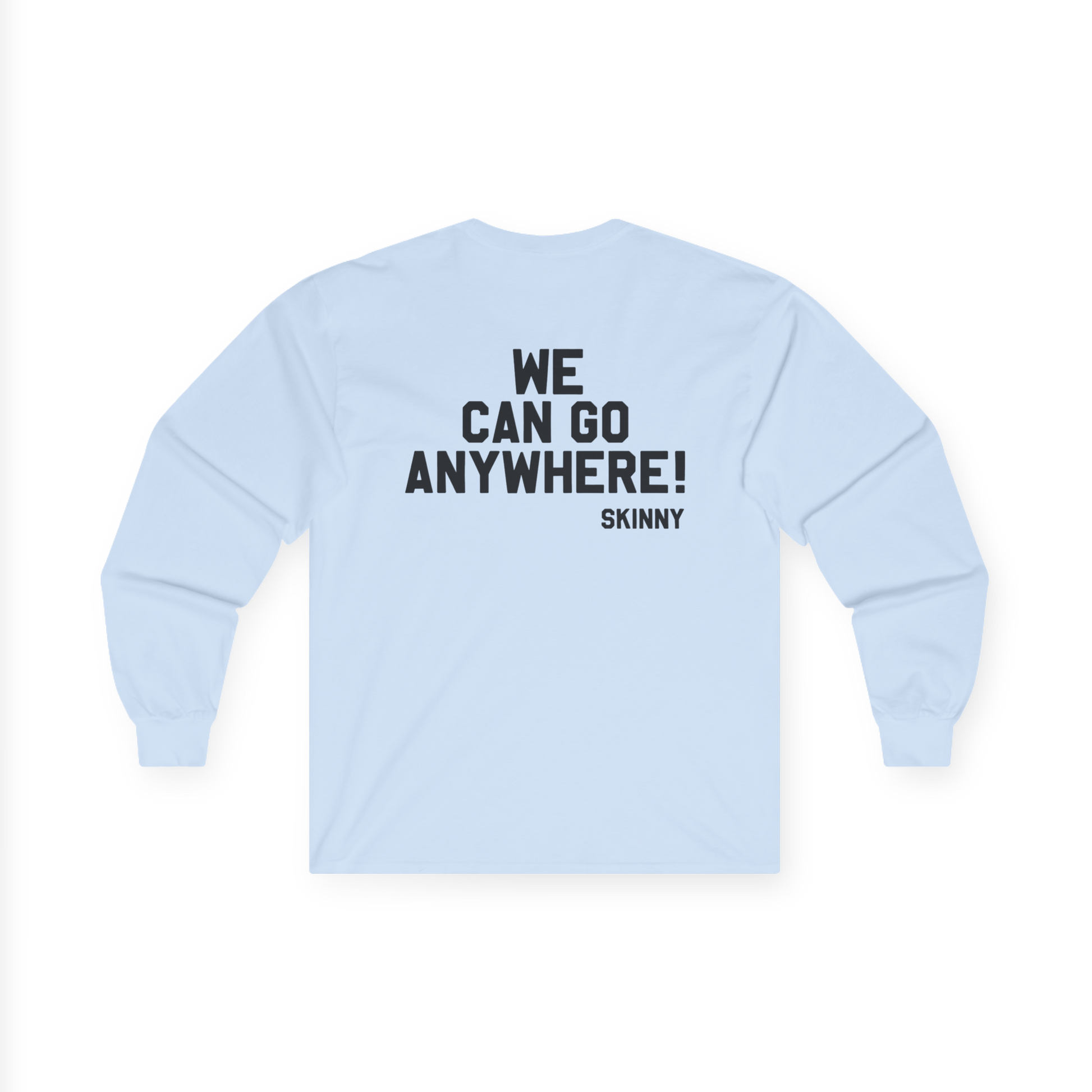 Light blue long-sleeve shirt with text on the back against a white background