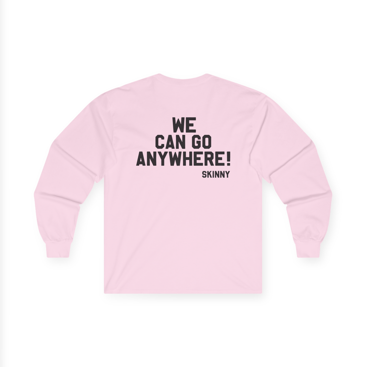 Pink long-sleeve shirt with text on a white background