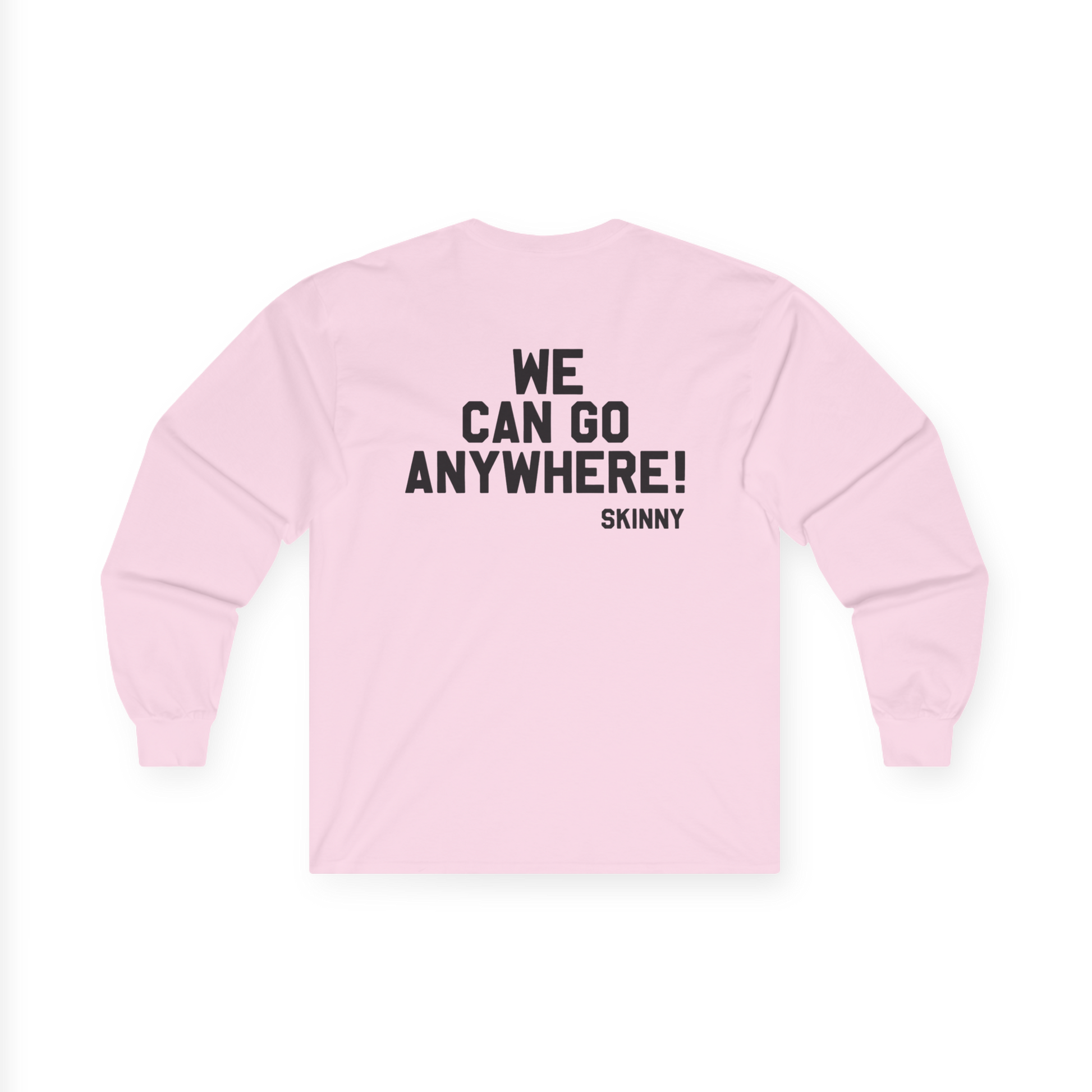 Pink long-sleeve shirt with text on a white background