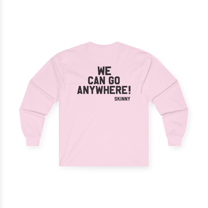 Pink long-sleeve shirt with text on a white background