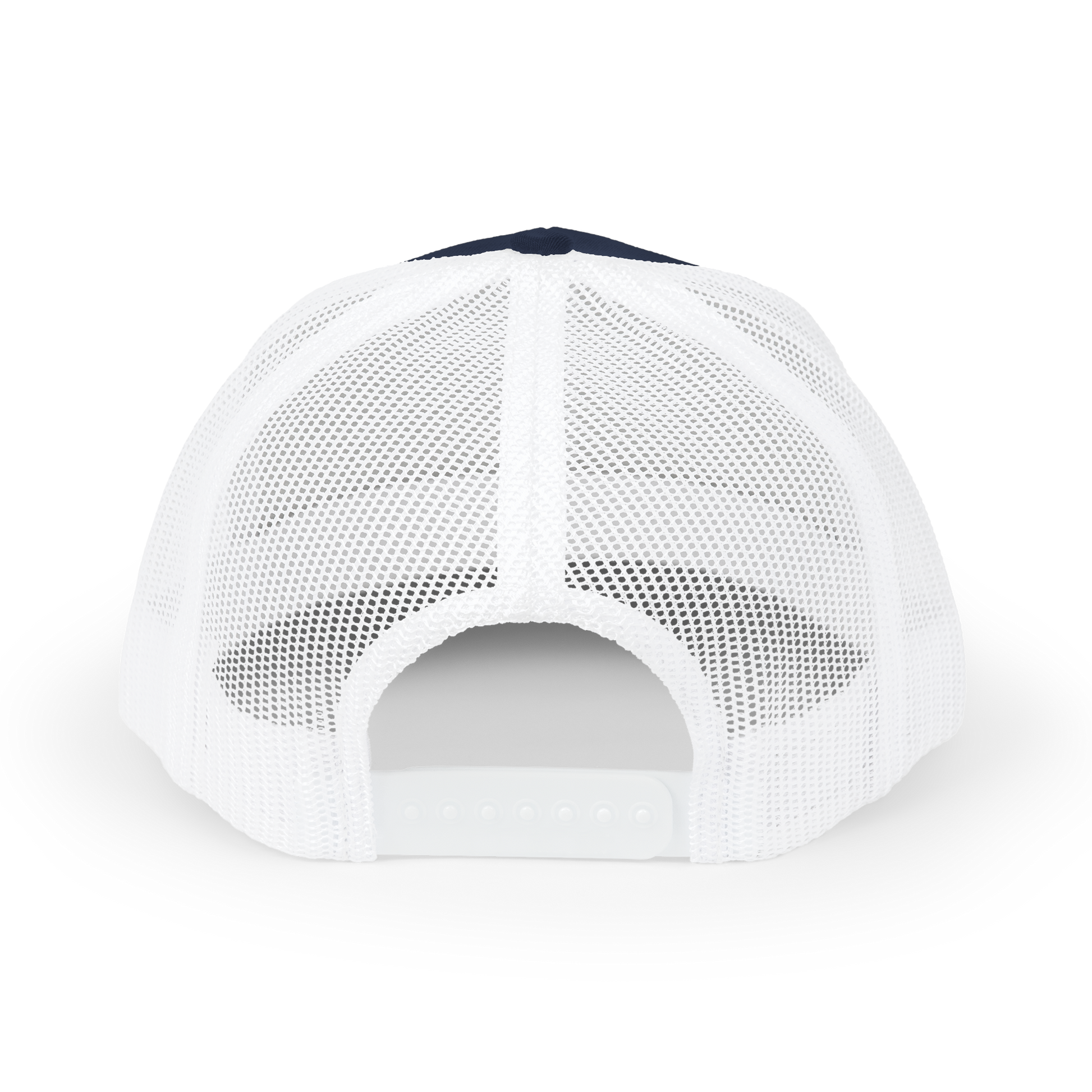 White mesh cap with a black brim on a white background