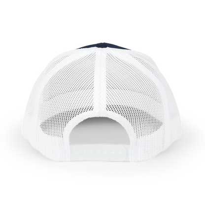 White mesh cap with a black brim on a white background