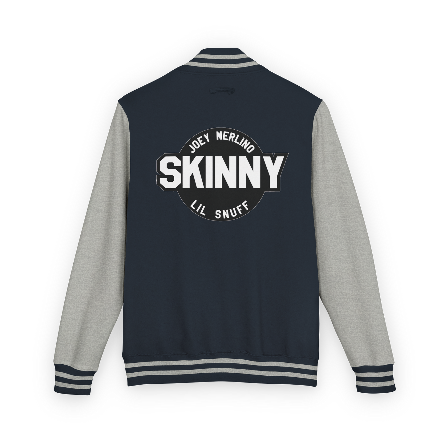 Navy and gray varsity jacket with 'Skinny' text on the back against a white background