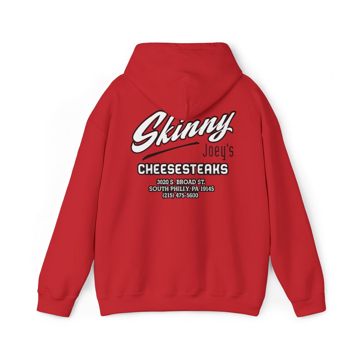 Red hoodie with 'Skinny Joey's Cheesesteaks' text on the back against a white background