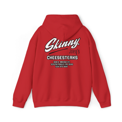 Red hoodie with 'Skinny Joey's Cheesesteaks' text on the back against a white background
