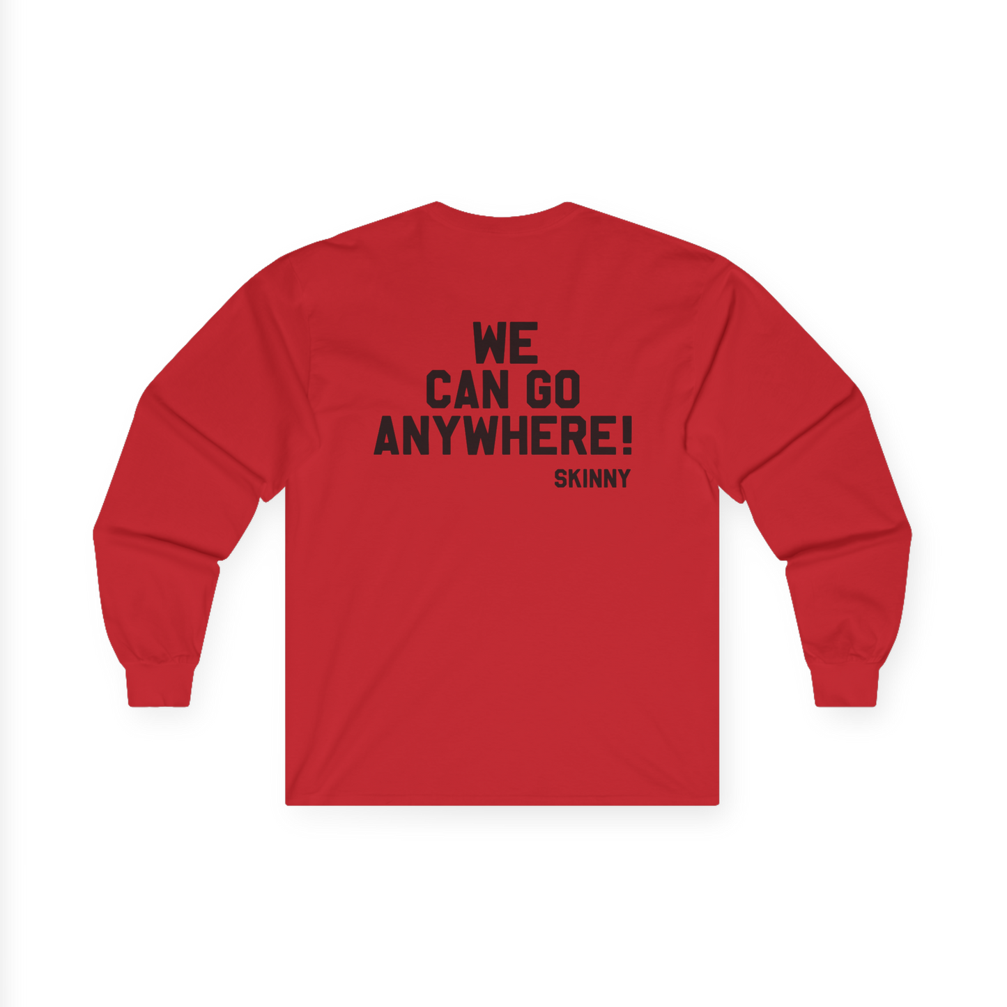 Red long-sleeve shirt with text on the back on a white background