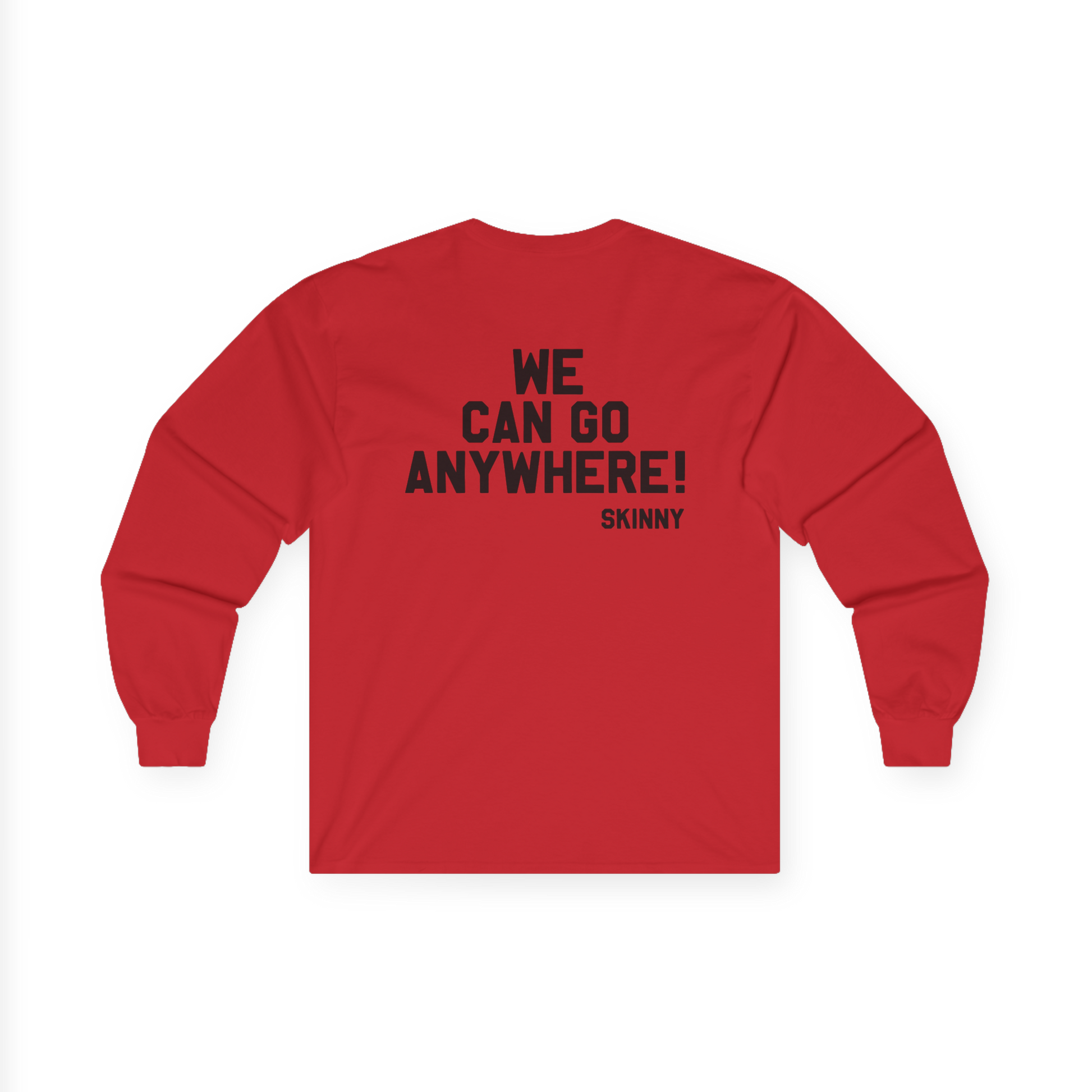 Red long-sleeve shirt with text on the back on a white background