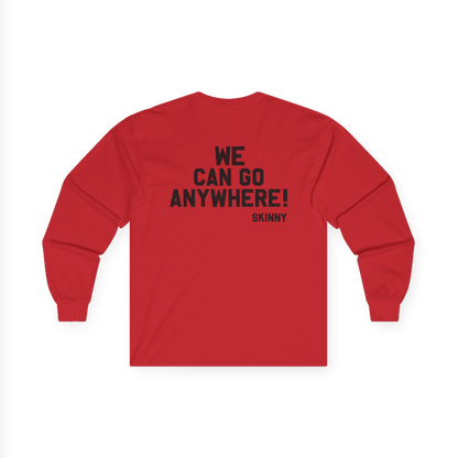 Red long-sleeve shirt with text on the back on a white background