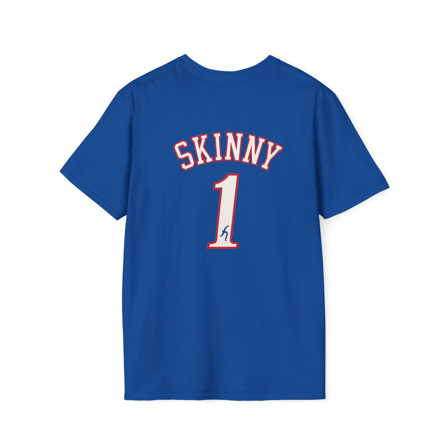 Blue t-shirt with 'SKINNY 1' printed on the back against a white background