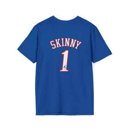 Blue t-shirt with 'SKINNY 1' printed on the back against a white background