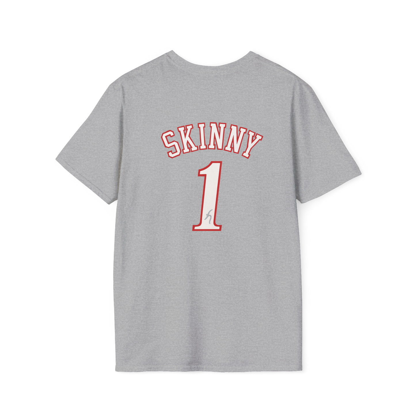 Gray t-shirt with 'SKINNY 1' printed on the back against a white background