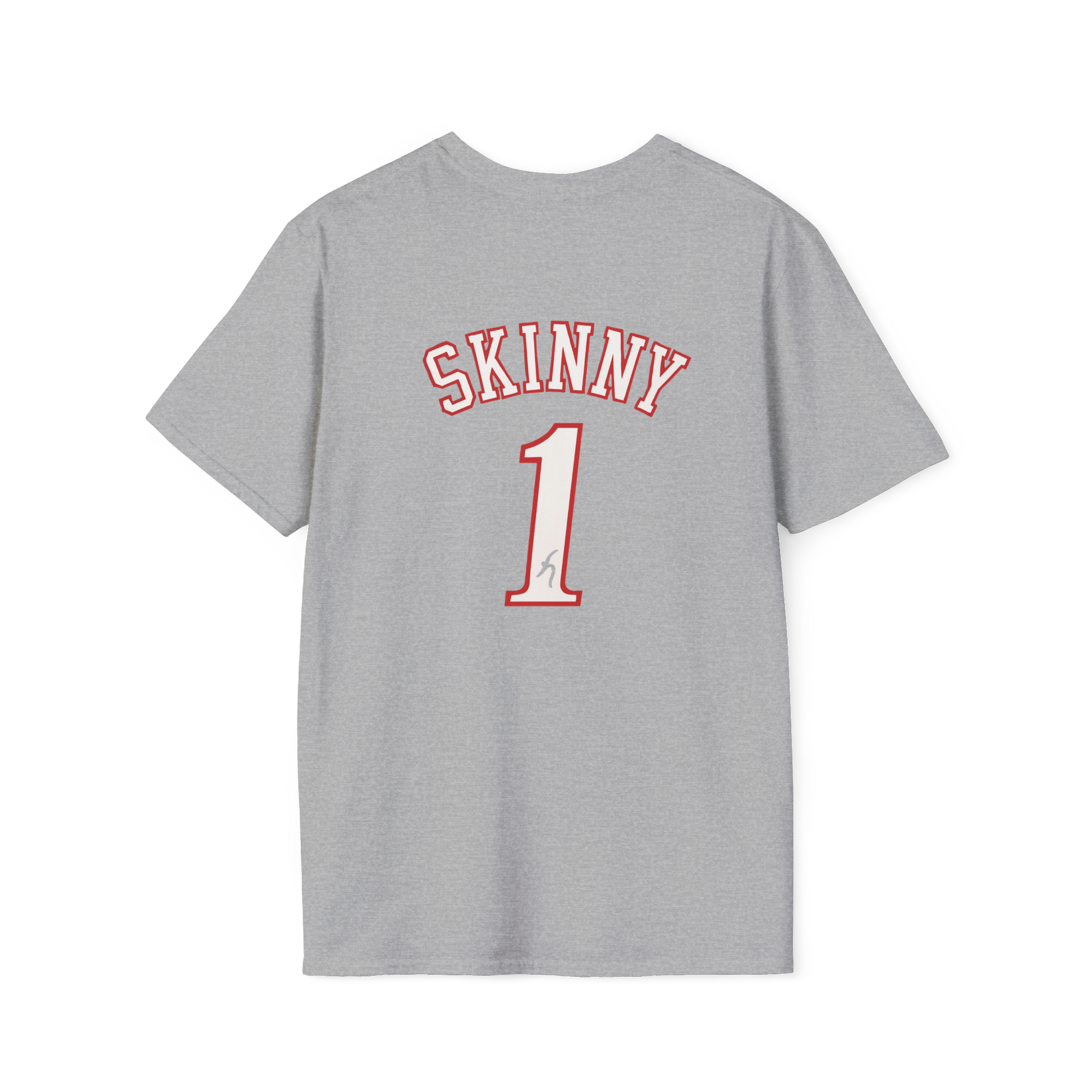 Gray t-shirt with 'SKINNY 1' printed on the back against a white background
