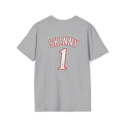 Gray t-shirt with 'SKINNY 1' printed on the back against a white background