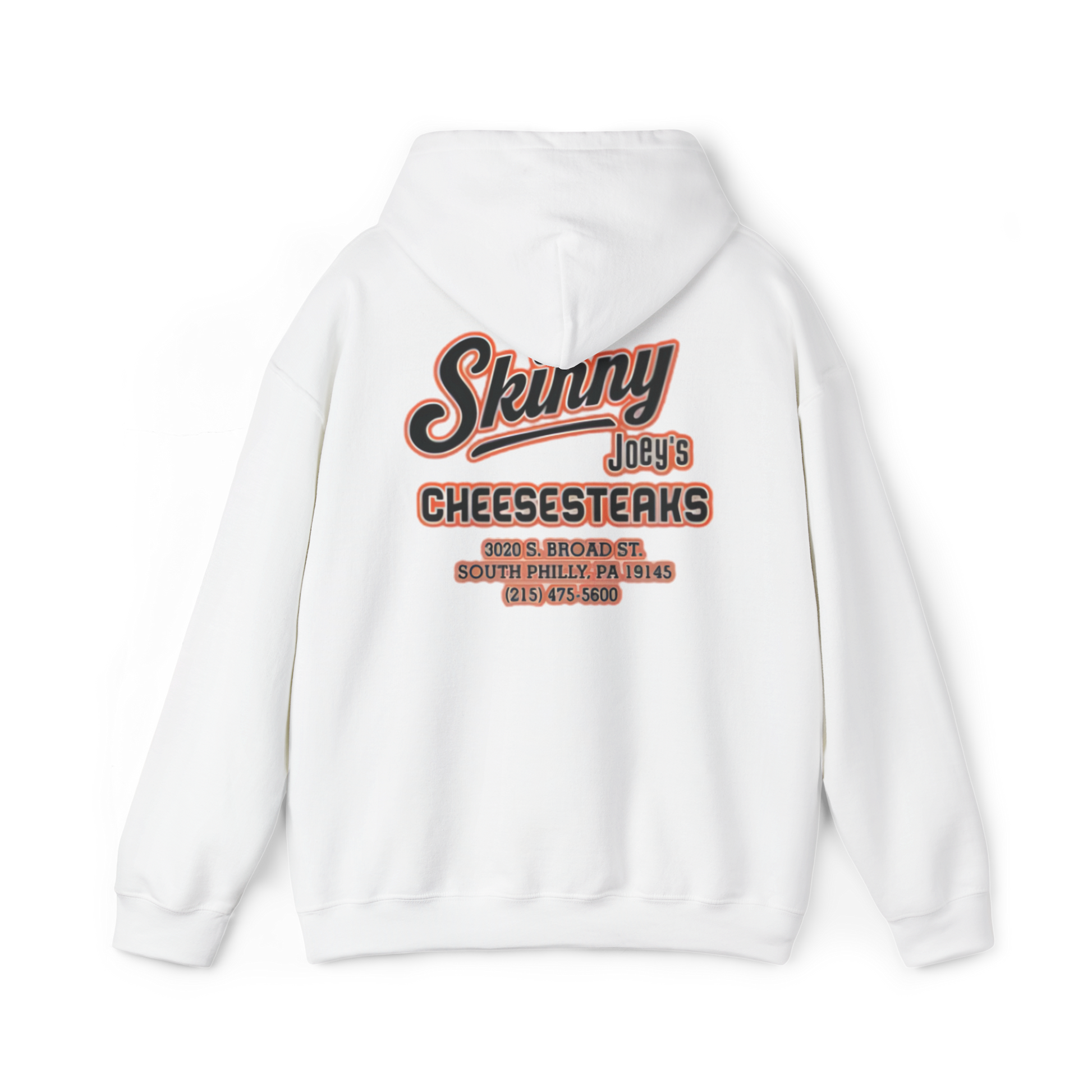 White hoodie with 'Skinny Joey's Cheesesteaks' text on the back against a white background