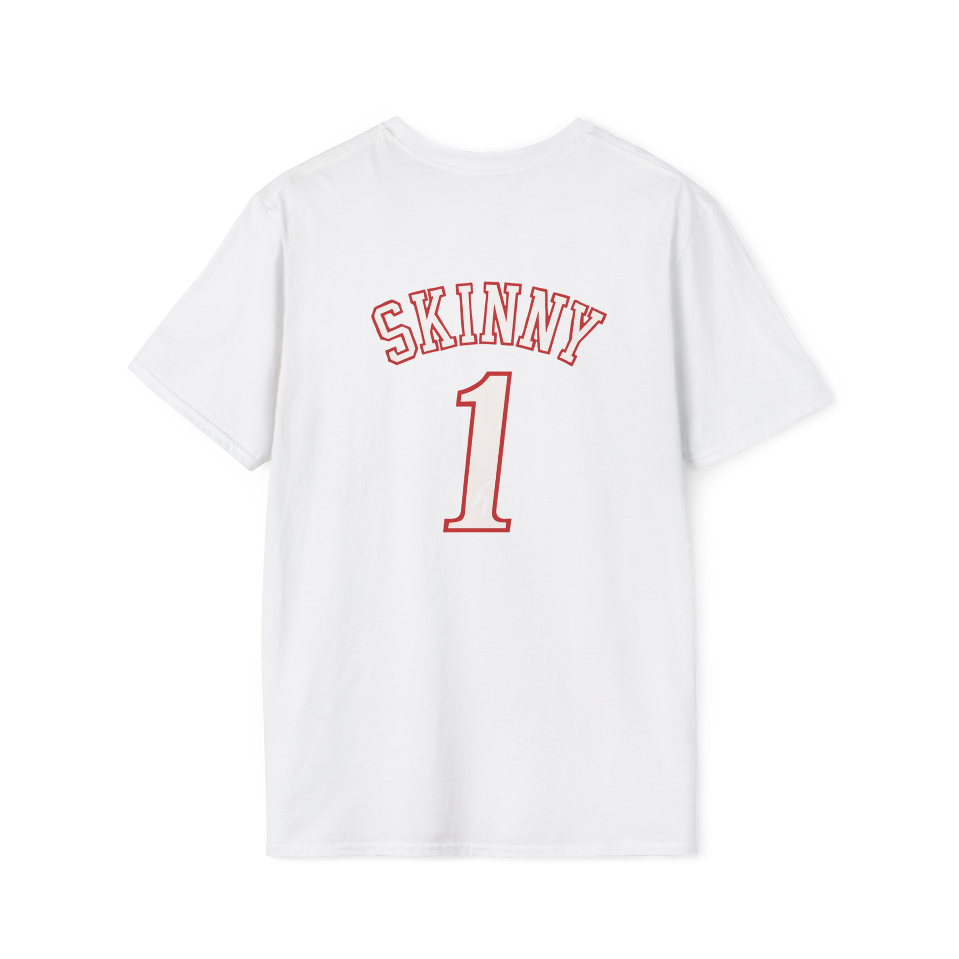 White t-shirt with 'SKINNY 1' printed on the back against a white background