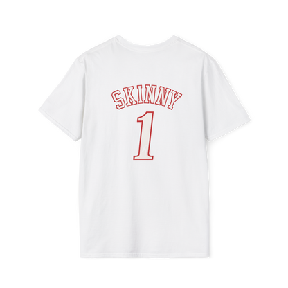 White t-shirt with 'SKINNY 1' printed on the back against a white background