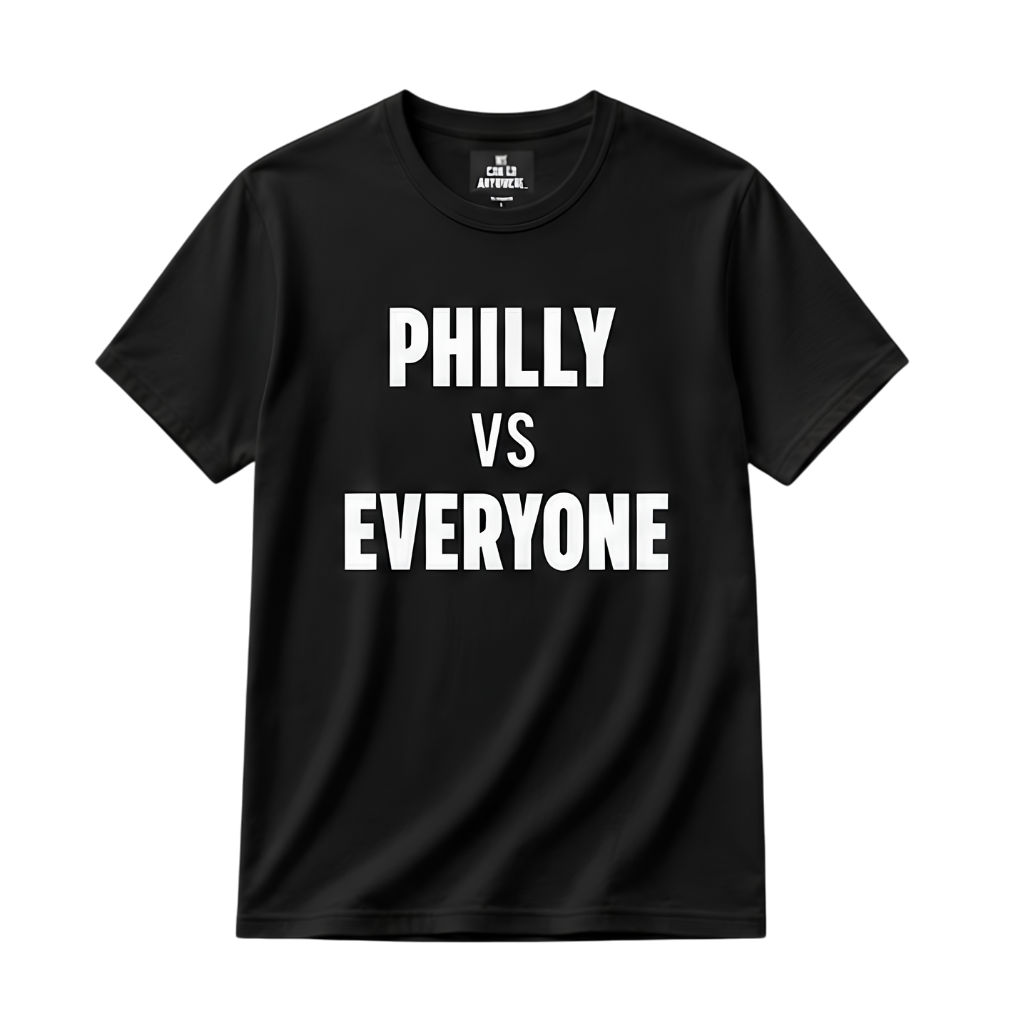 Black t-shirt with 'PHILLY VS EVERYONE' text on a white background