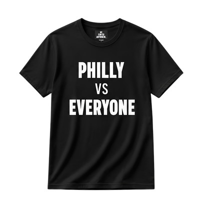 Black t-shirt with 'PHILLY VS EVERYONE' text on a white background