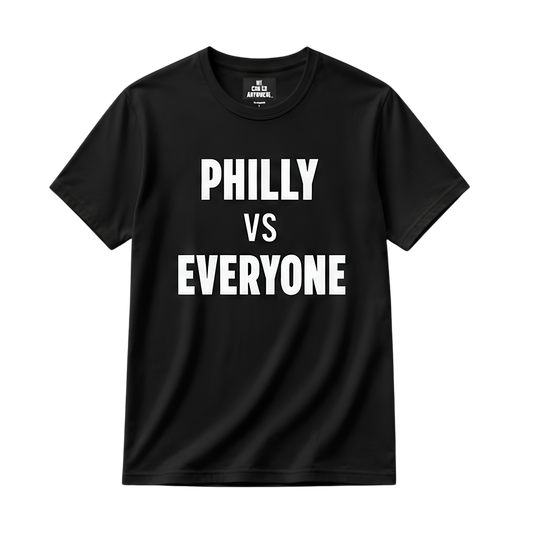 Black t-shirt with 'PHILLY VS EVERYONE' text on a white background