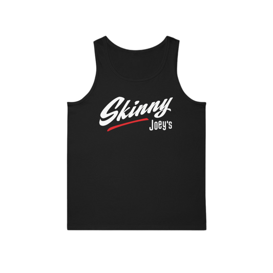 Black tank top with 'Skinny Joey's' text on a white background