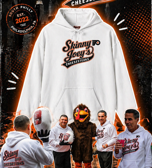 A promotional graphic for a white hoodie featuring the 'Skinny Joey's Cheesesteaks' logo. The main product is shown as a white hoodie with a large front graphic, surrounded by smaller photos of people wearing the hoodie, a mascot, and branded text elements on a dark, stylized background.