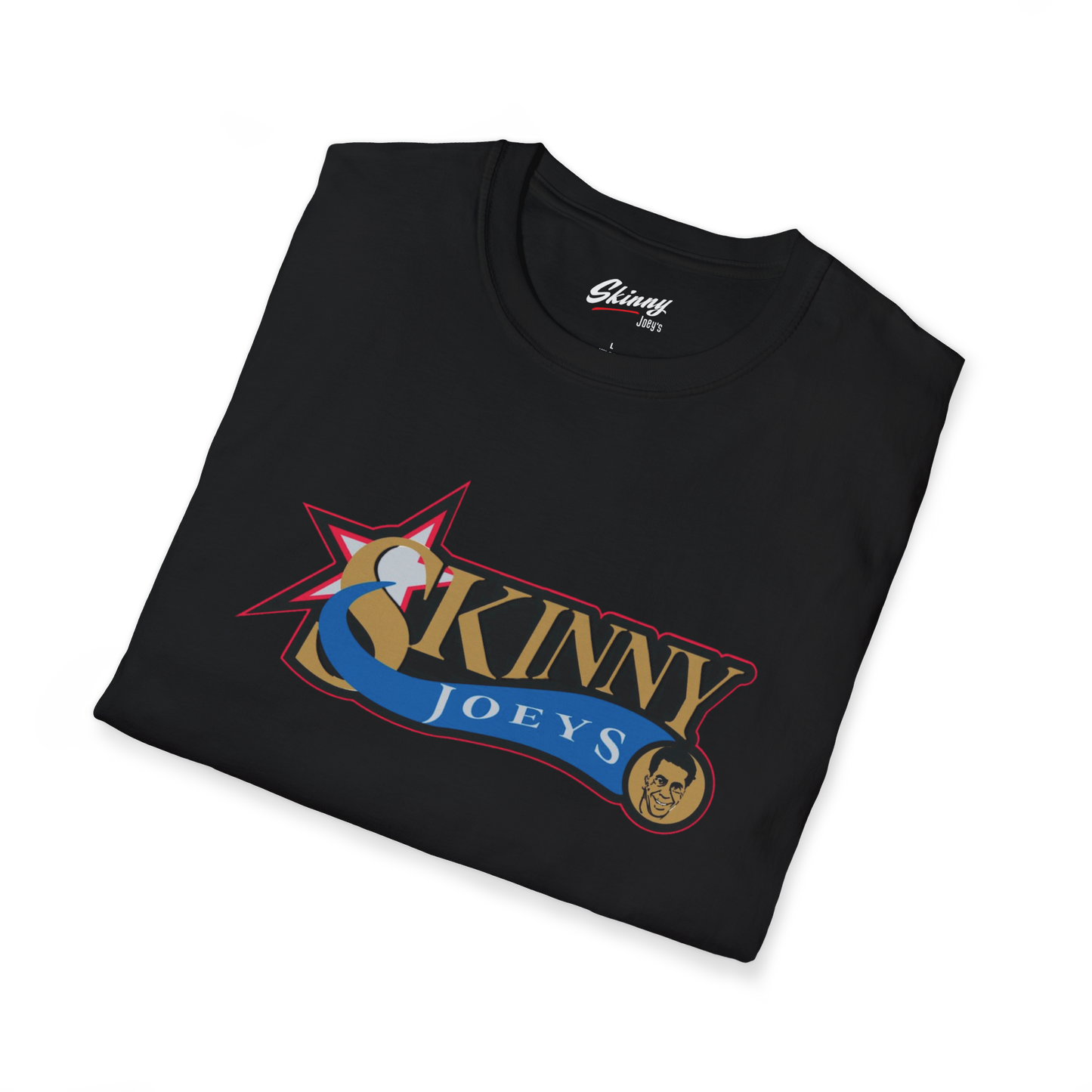 Folded black t-shirt with 'Skinny Joey's' logo on a white background