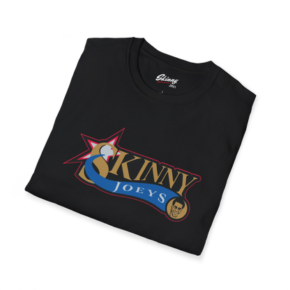 Folded black t-shirt with 'Skinny Joey's' logo on a white background