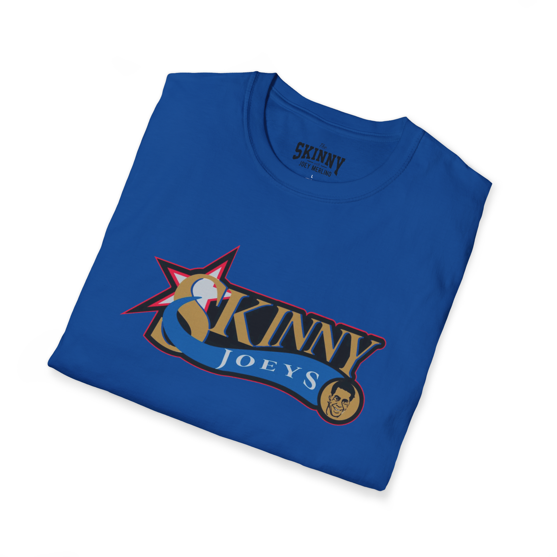 Folded blue t-shirt with 'Skinny Joey's' logo on a white background