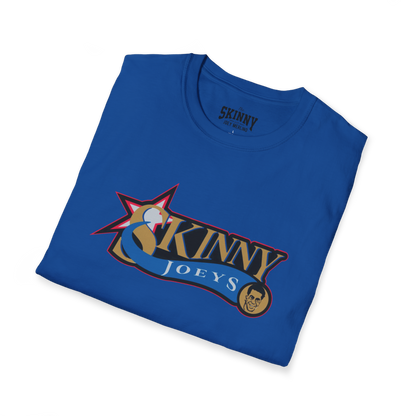 Folded blue t-shirt with 'Skinny Joey's' logo on a white background