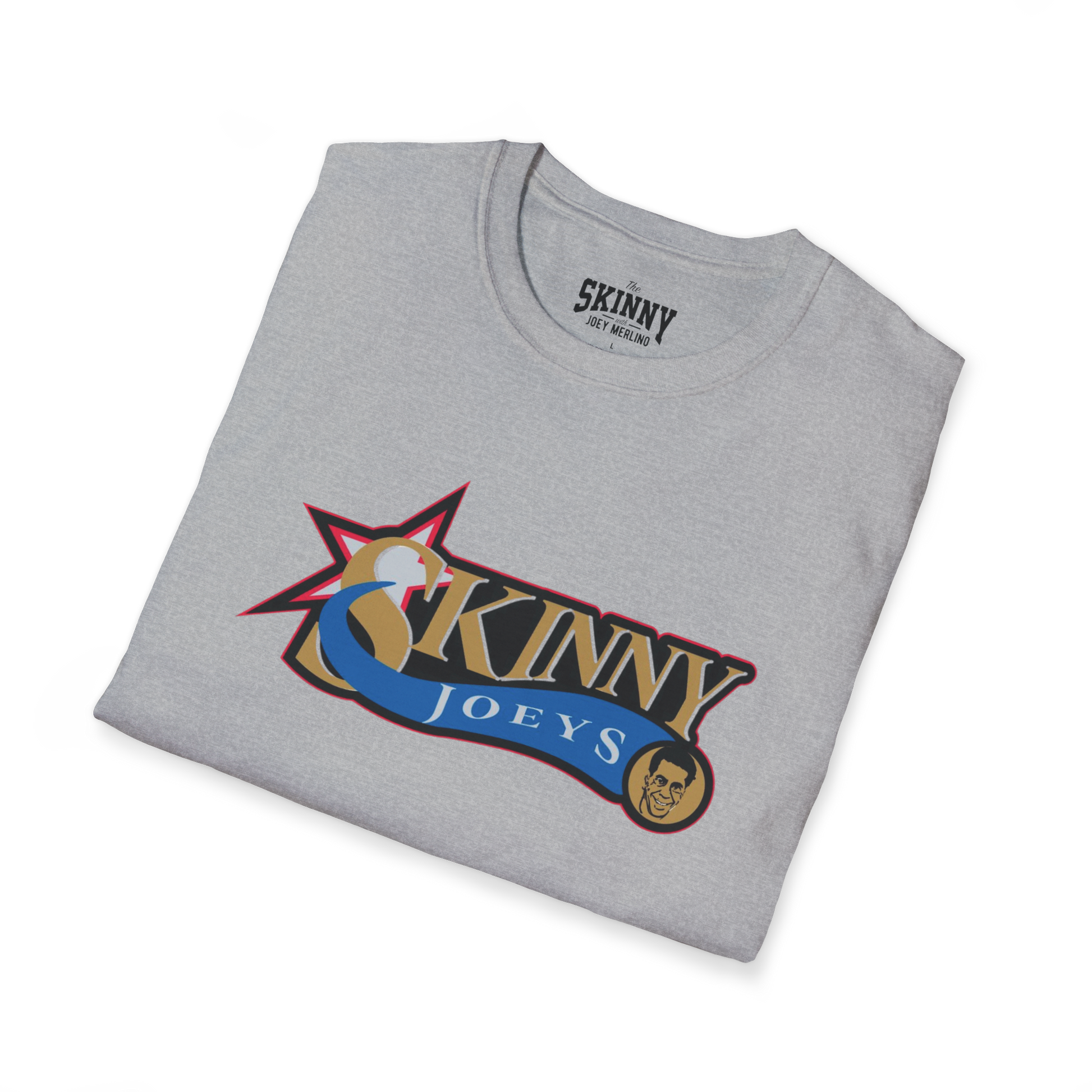Folded gray t-shirt with 'Skinny Joey's' logo on a white background