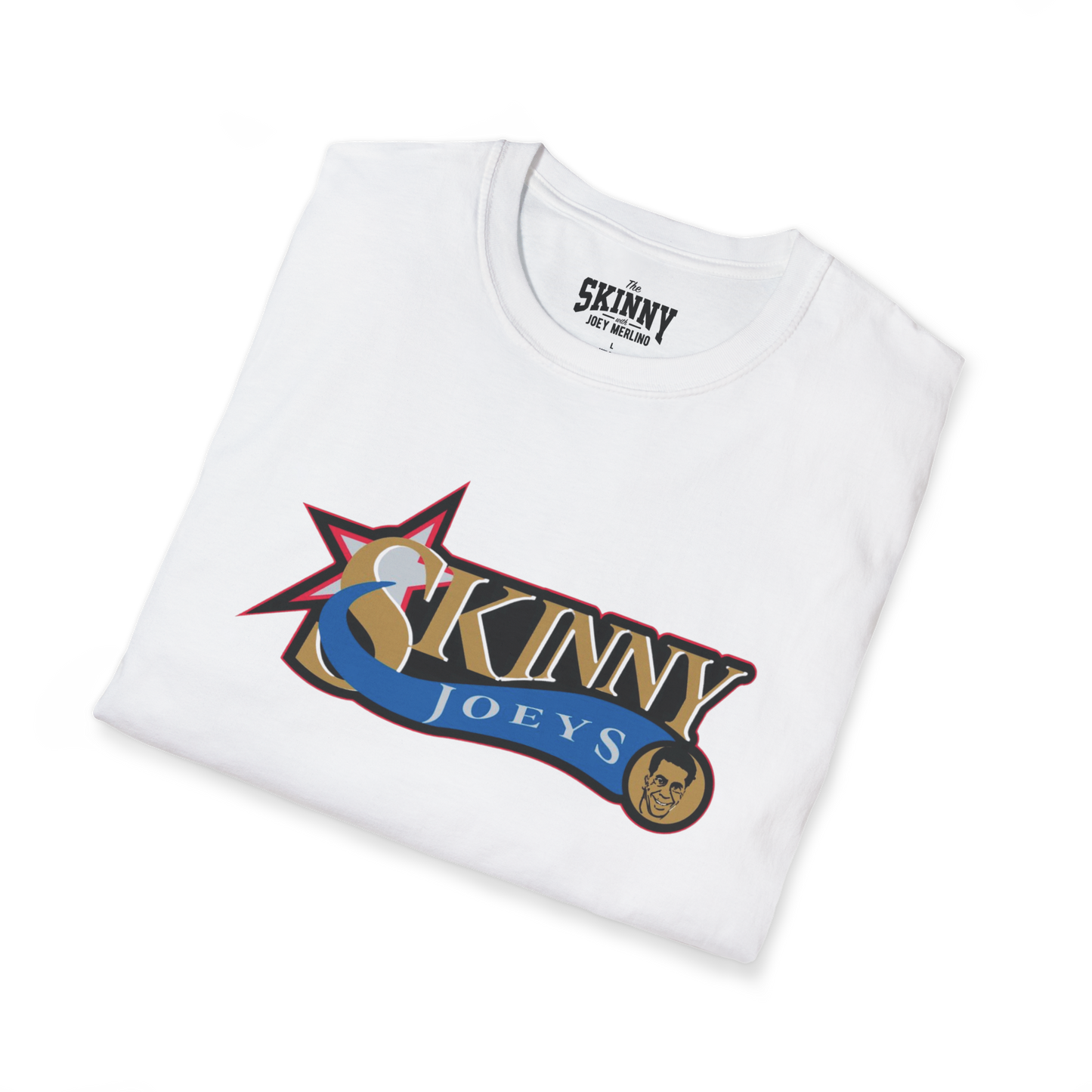 Folded white t-shirt with 'Skinny Joey's' logo on a white background