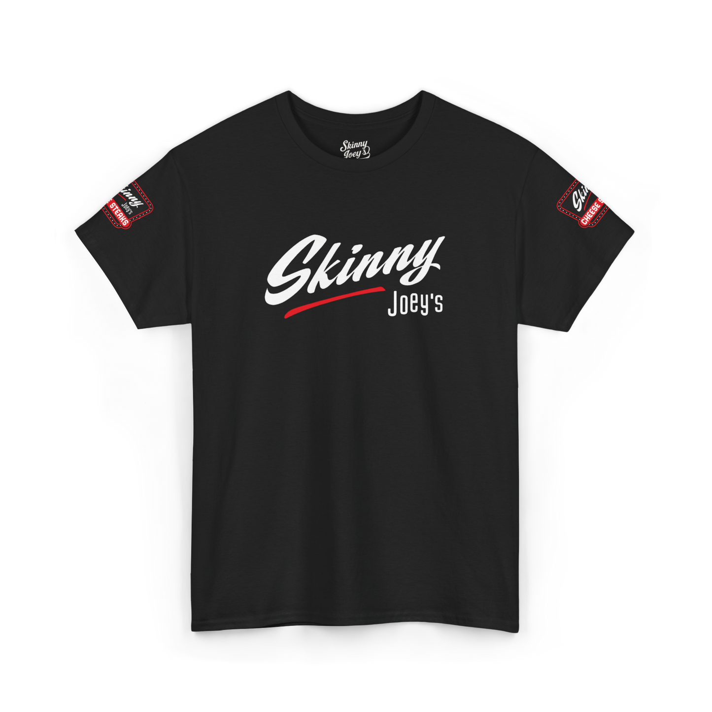 Black t-shirt with 'Skinny Joey's' logo on a white background