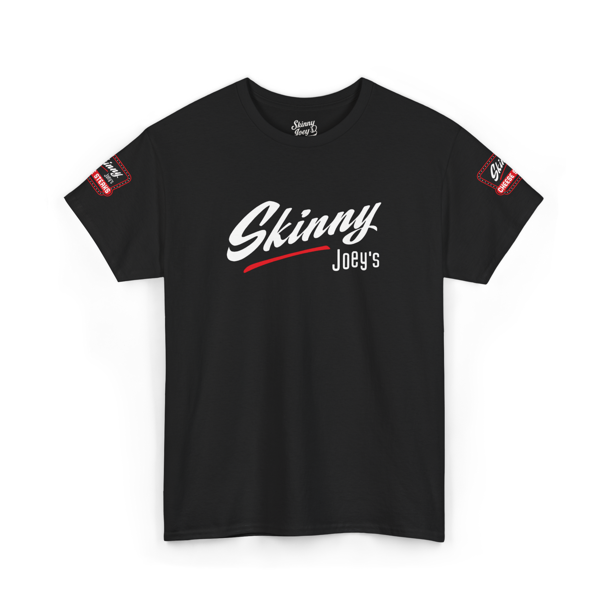 Black t-shirt with 'Skinny Joey's' logo on a white background