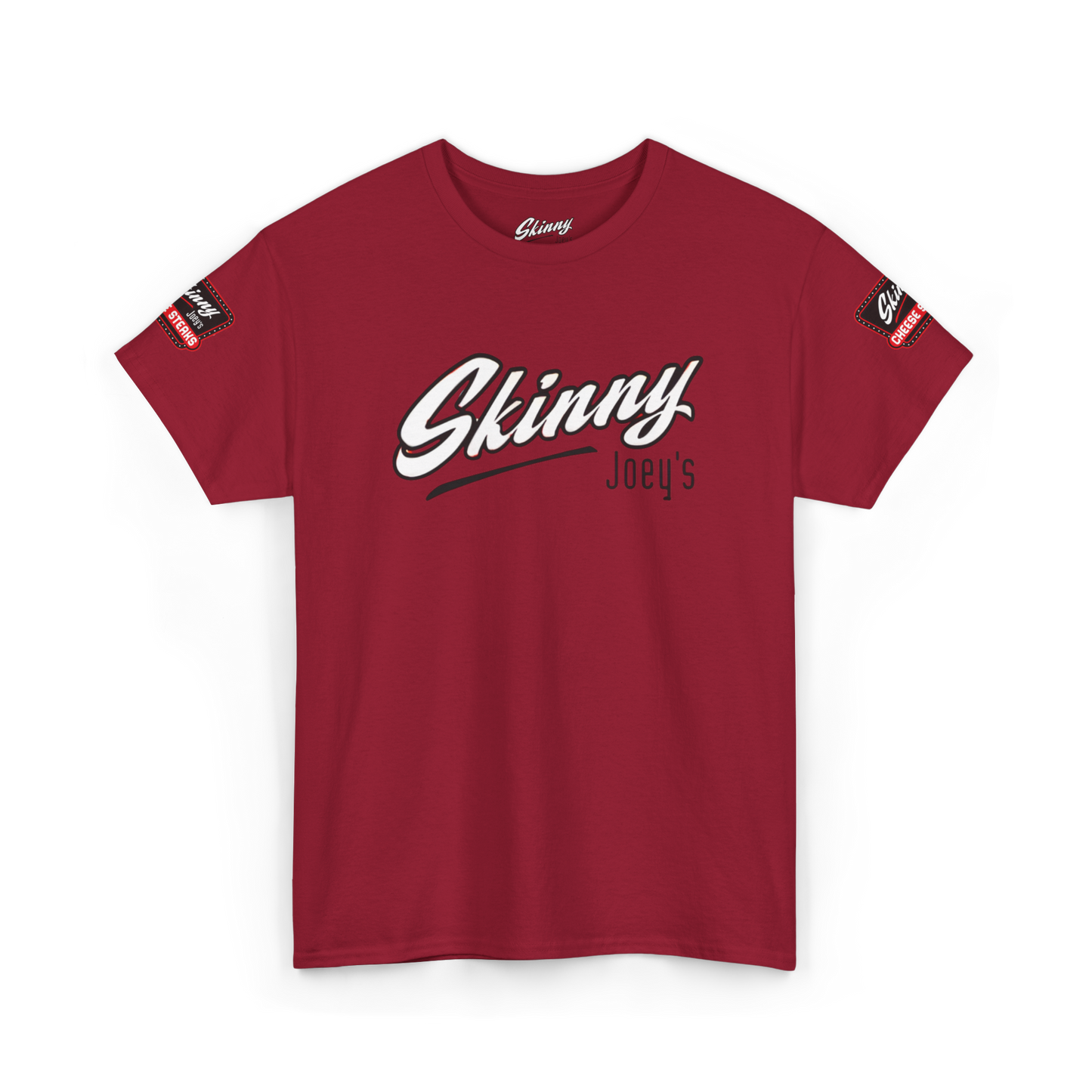 Red t-shirt with 'Skinny Jopy's' text on a white background