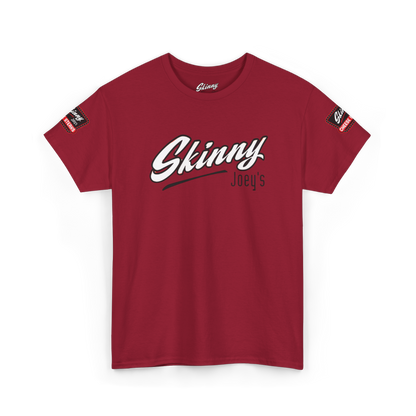 Red t-shirt with 'Skinny Jopy's' text on a white background