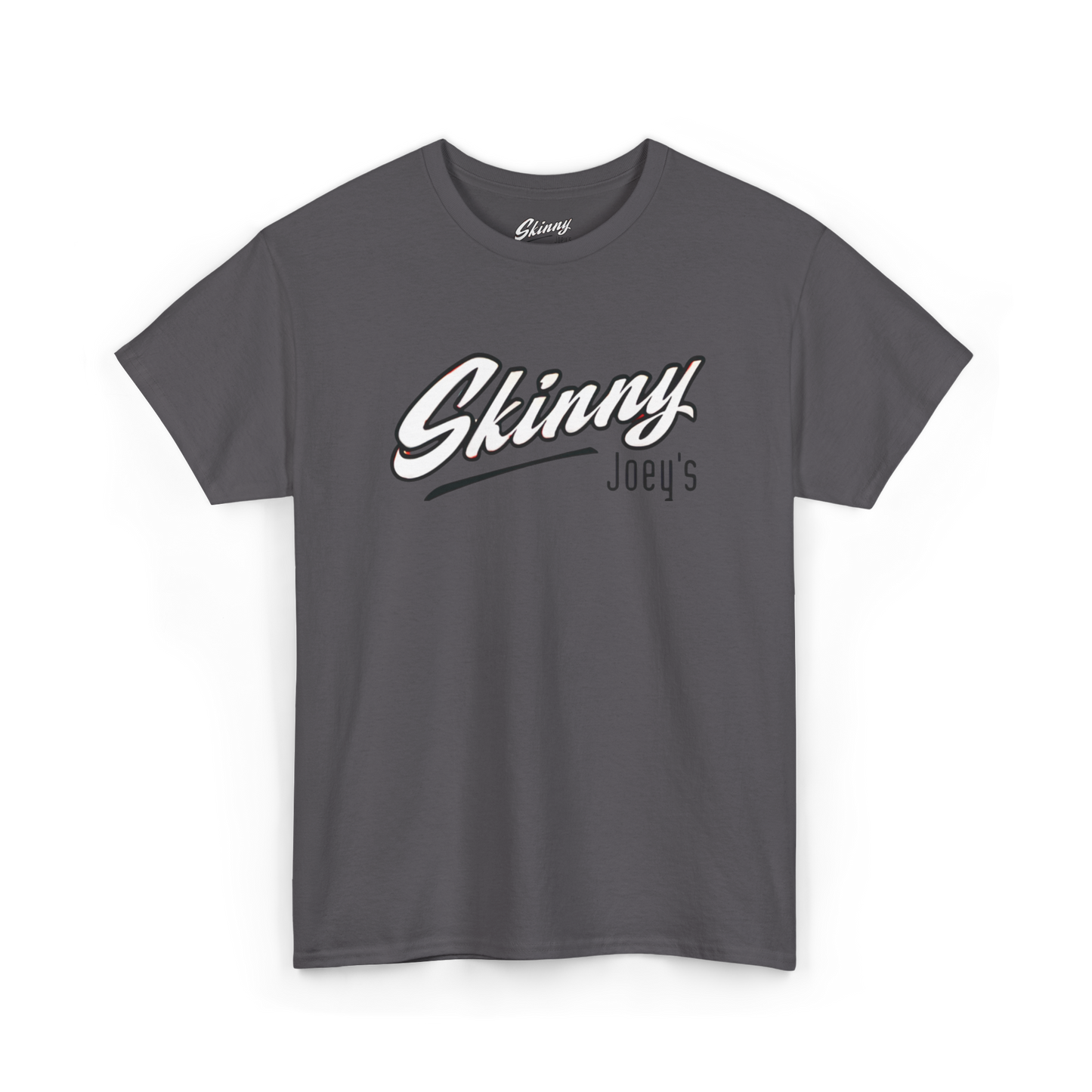 Gray t-shirt with 'Skinny Joey's' text on a white background