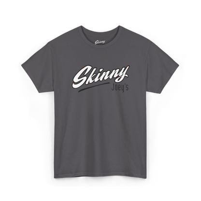 Gray t-shirt with 'Skinny Joey's' text on a white background