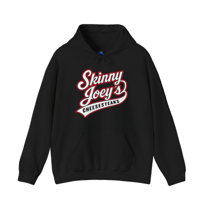 Black hoodie with 'Skinny Joey's Cheesesteaks' text on a white background