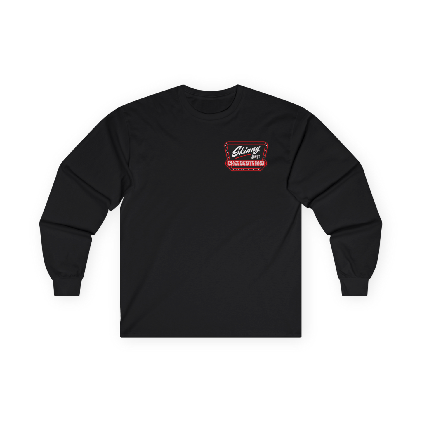 Black long-sleeve shirt with a logo on the chest against a white background