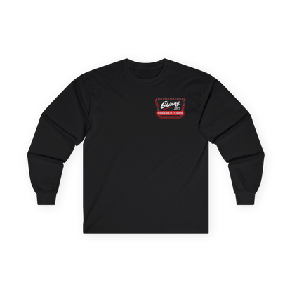 Black long-sleeve shirt with a logo on the chest against a white background