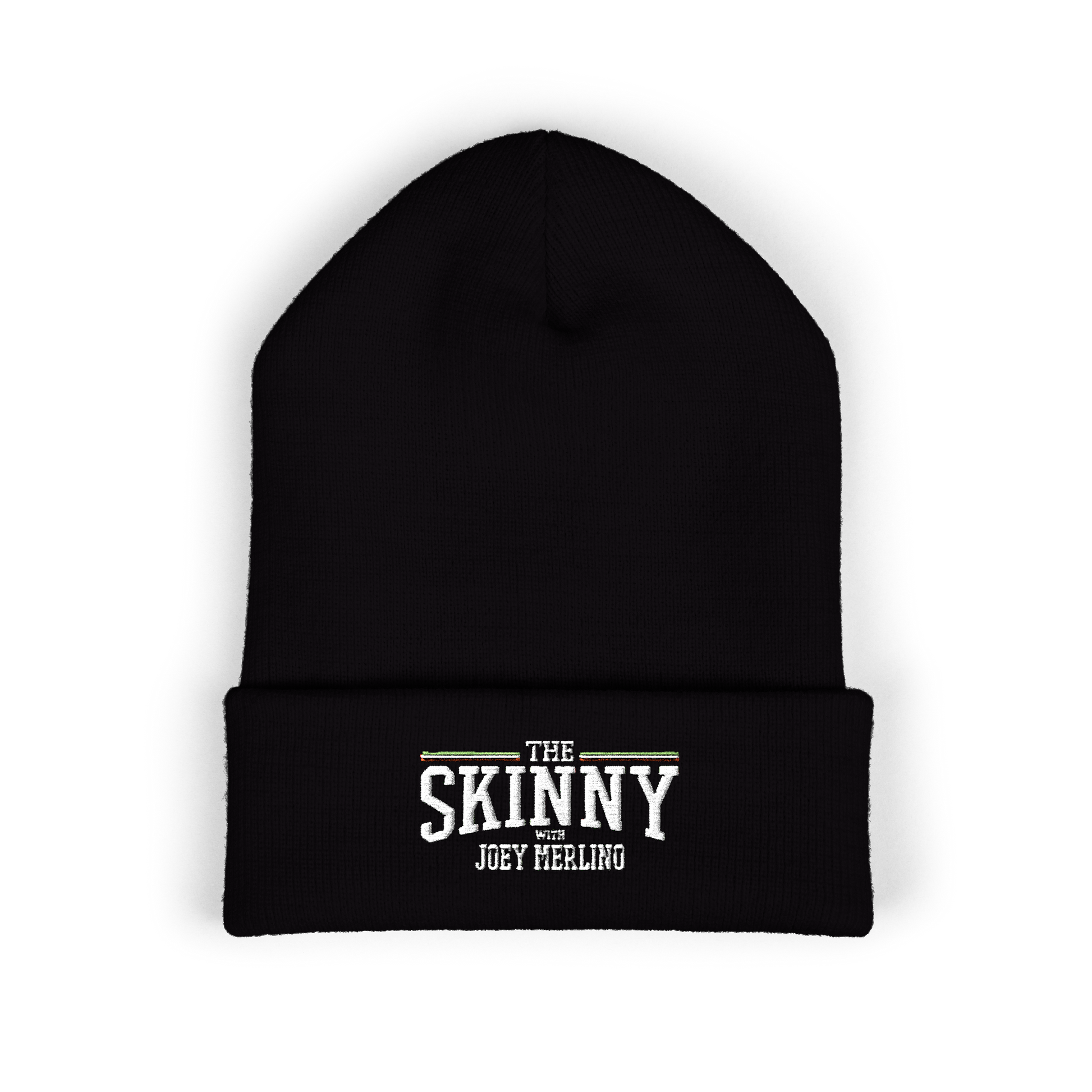 Black beanie with 'The Skinny with Joey Meeling' text on a white background