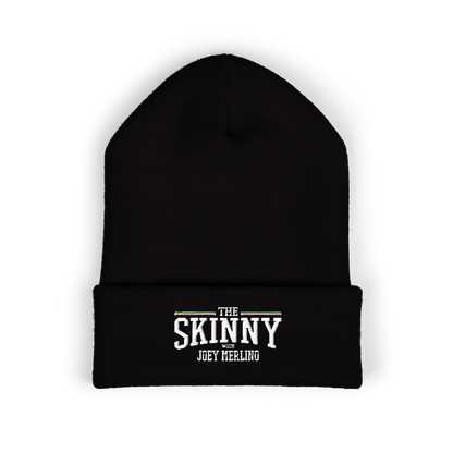 Black beanie with 'The Skinny with Joey Meeling' text on a white background