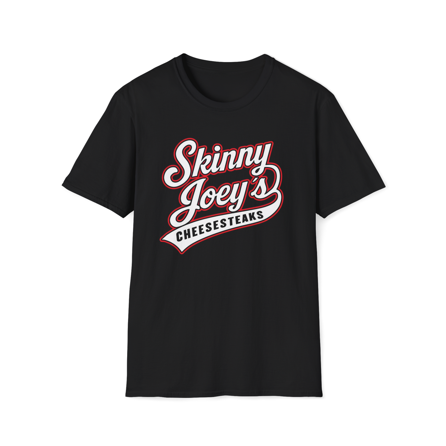 Logo of Skinny Joey's Cheesesteaks with red and blue text on a Tshirt
