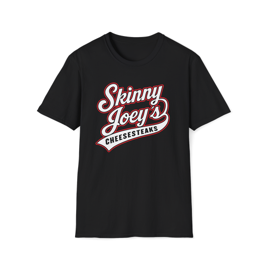 Logo of Skinny Joey's Cheesesteaks with red and blue text on a Tshirt