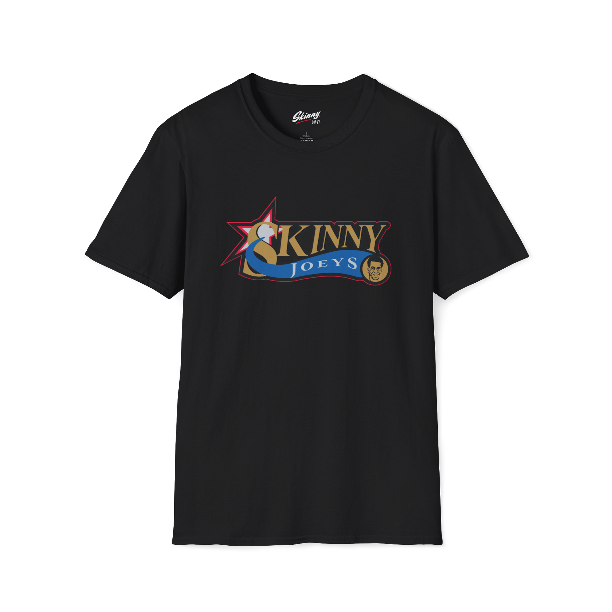 Black t-shirt with colorful graphic design on a white background