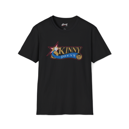 Black t-shirt with colorful graphic design on a white background