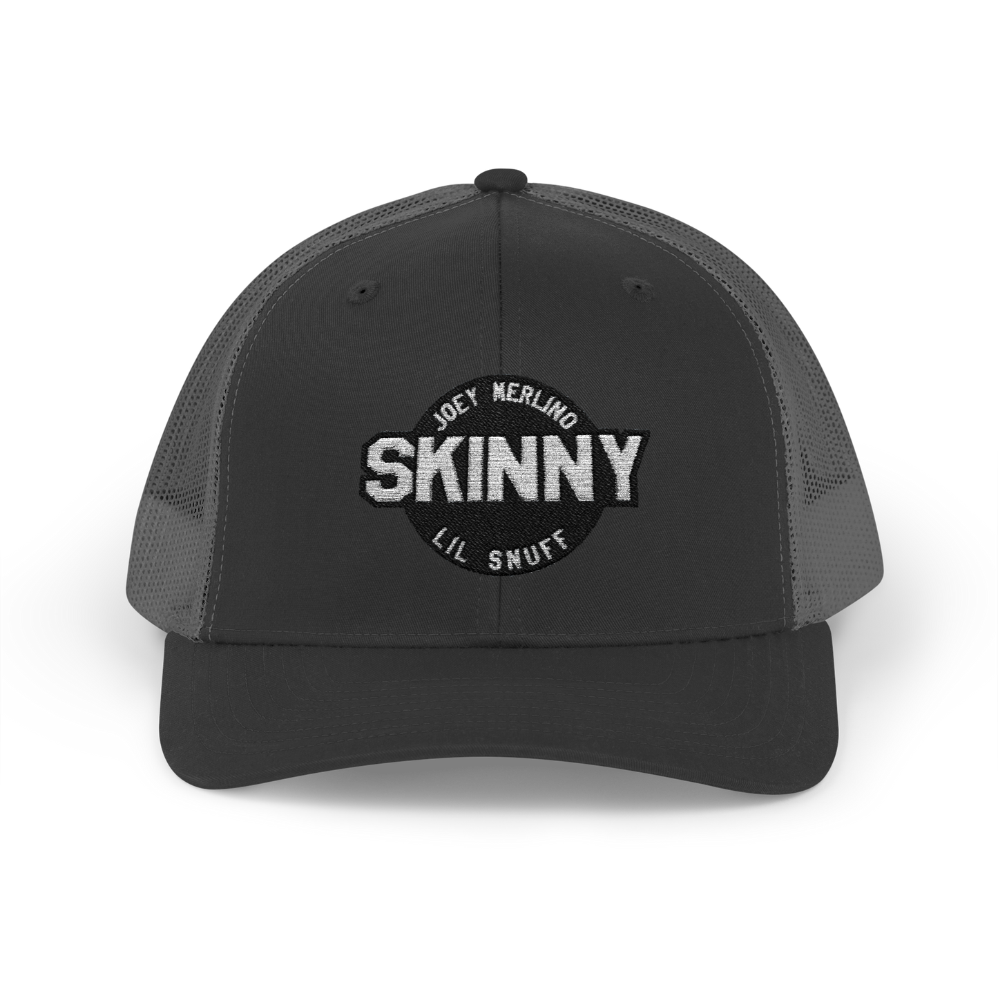 Black trucker cap with 'Skinny' logo on a white background