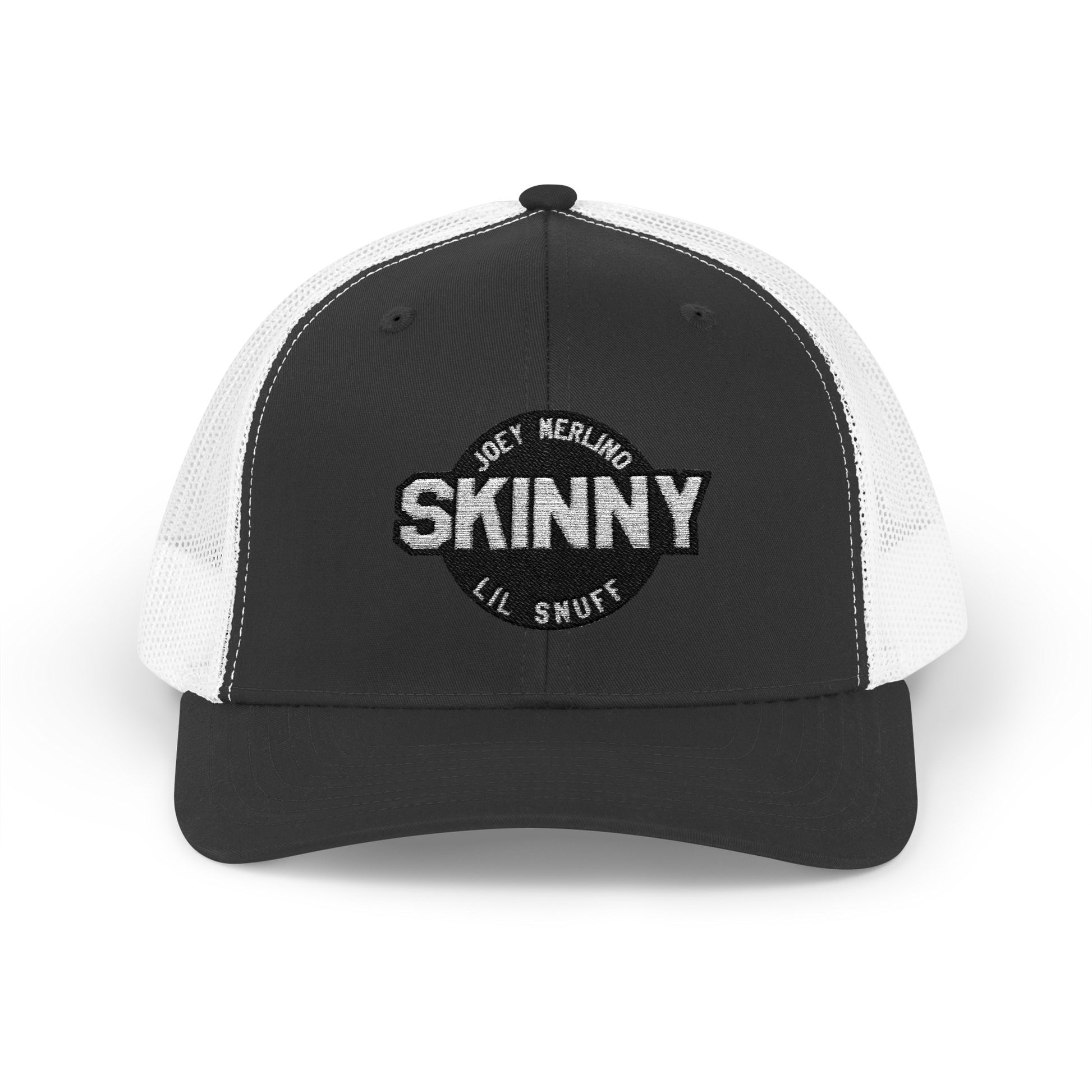 Black and white cap with 'Skinny' logo on a white background
