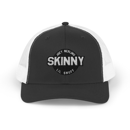 Black and white cap with 'Skinny' logo on a white background