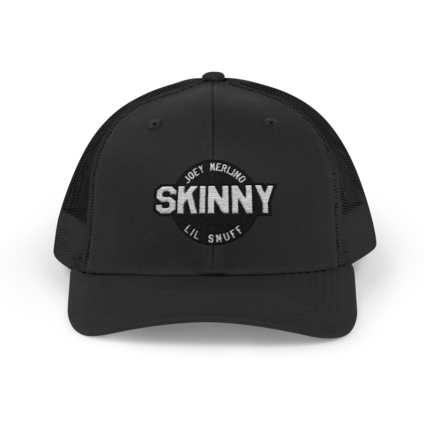Black trucker cap with 'SKINNY' branding on a white background